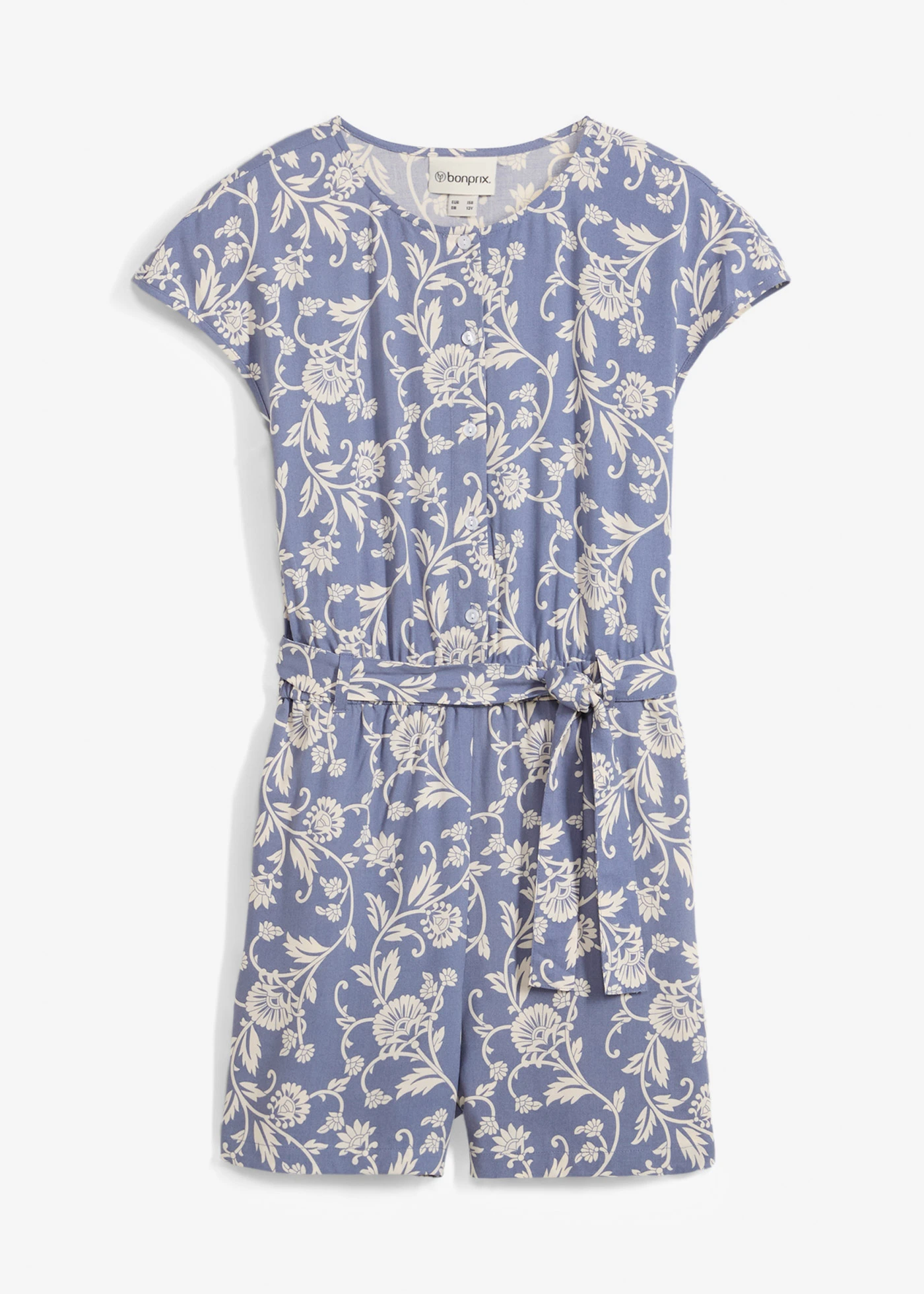 Krátký overal ze splývavé viskózy • matně modro-béžová s květy • bonprix obchod