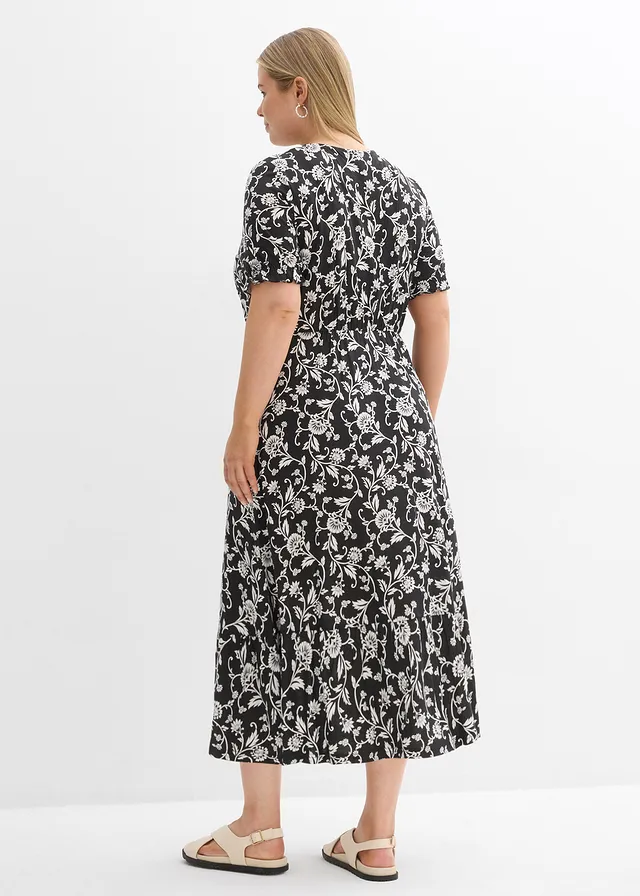 Robe fluide en jersey viscose, Couleur: noir/écru floral