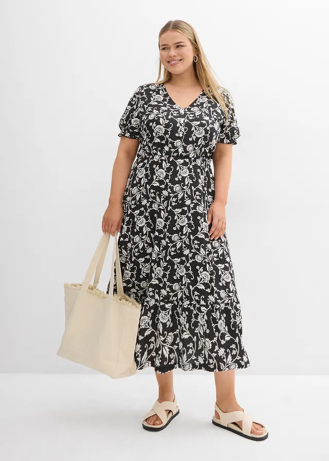 Robe fluide en jersey viscose, Couleur: noir/écru floral