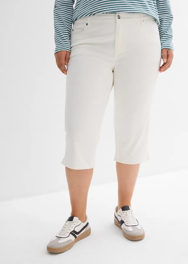 Capri broek met een comfortabele band, Kleur: wit