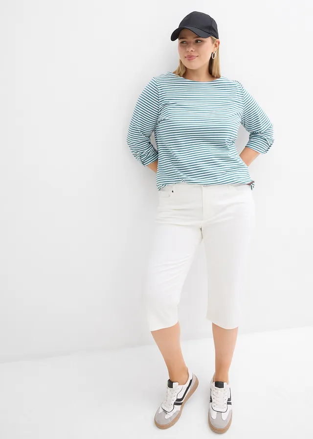 Capri broek met een comfortabele band, Kleur: wit