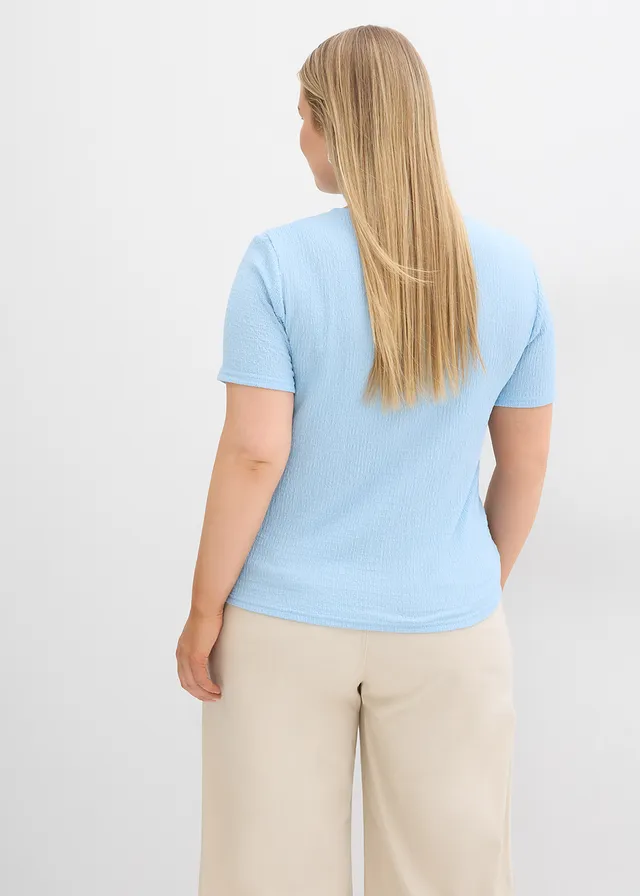 T-shirt met structuur en knopen, Kleur: lichtblauw