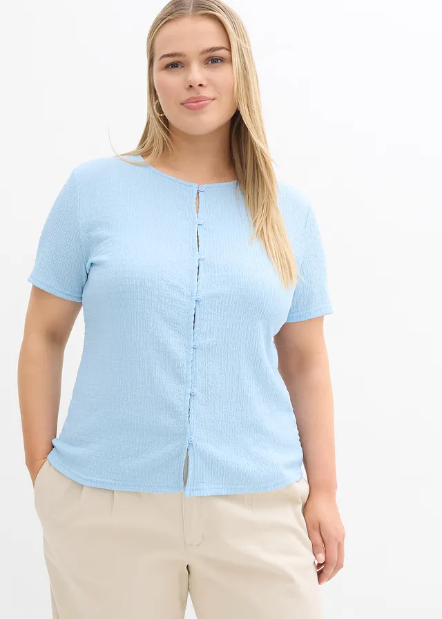 T-shirt texturé et boutonné, Couleur: bleu clair