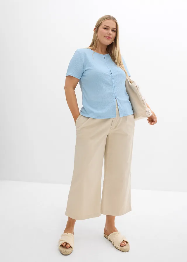T-shirt texturé et boutonné, Couleur: bleu clair