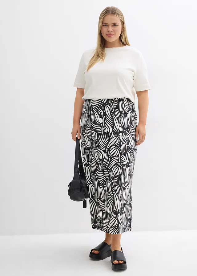 Jupe en jersey coton, Couleur: noir/écru imprimé