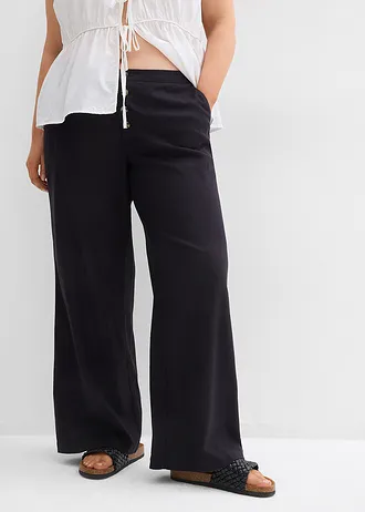 Lange palazzo broek met linnen, Kleur: zwart