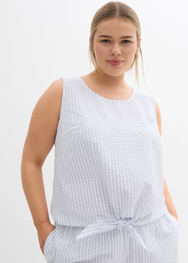 Top blouse 100% coton, Couleur: bleu pâle/blanc rayé