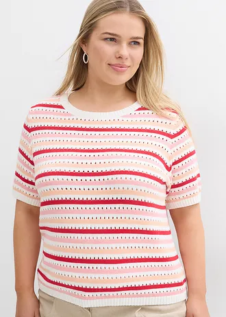 Geribd shirt met ajourpatroon, Kleur: wolwit-melba-dieprood-soft roze gestreept