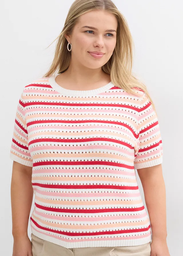 T-shirt en maille ajourée, Couleur: écru/melba/rouge profond/rose clair rayé