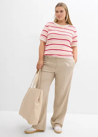 Geribd shirt met ajourpatroon, Kleur: wolwit-melba-dieprood-soft roze gestreept