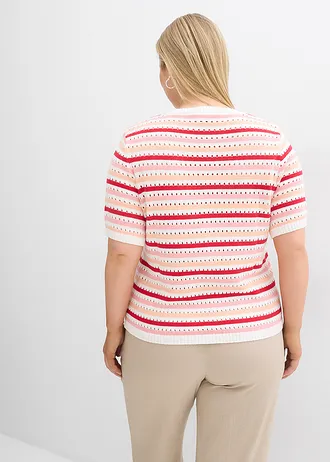 Geribd shirt met ajourpatroon, Kleur: wolwit-melba-dieprood-soft roze gestreept