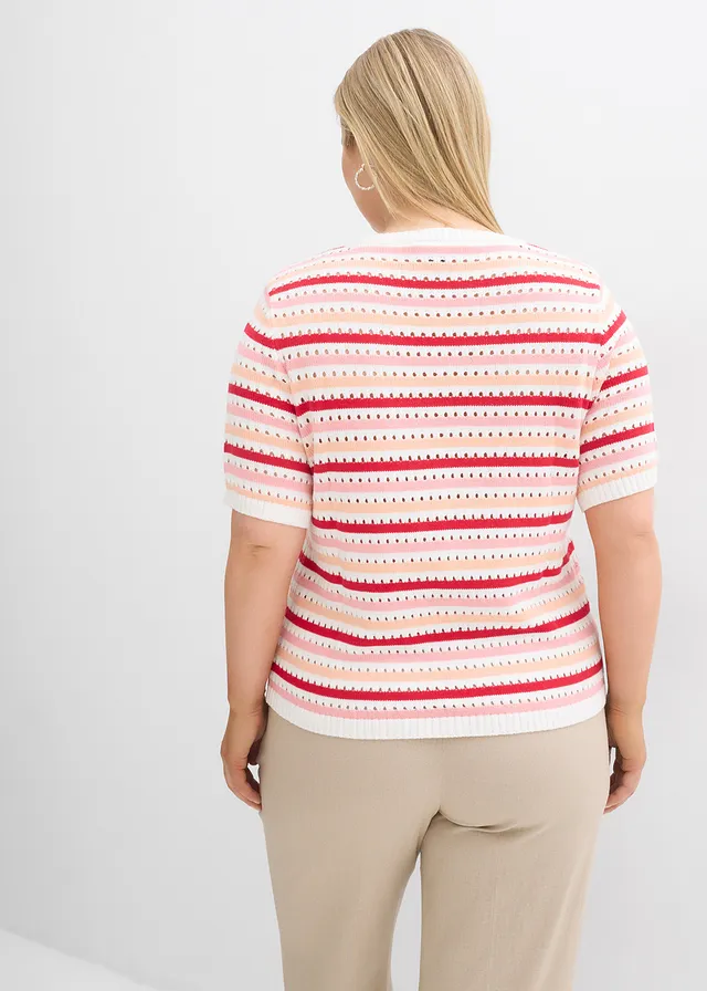 T-shirt en maille ajourée, Couleur: écru/melba/rouge profond/rose clair rayé