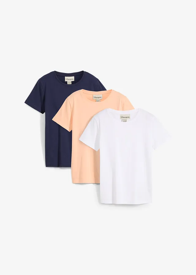 T-shirt van puur biologisch katoen (set van 3), Kleur: donkerblauw+melba+wit