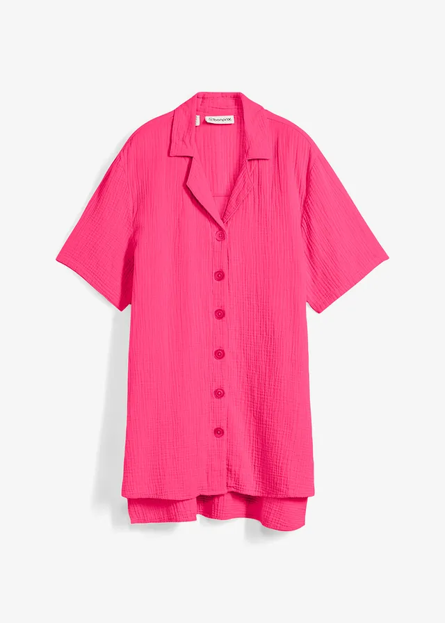 Overhemdblouse van mousseline, Kleur: donkerpink