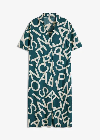 Šaty ze splývavé viskózy, barva: zelený pepř-šedobéžová s grafickým potiskem