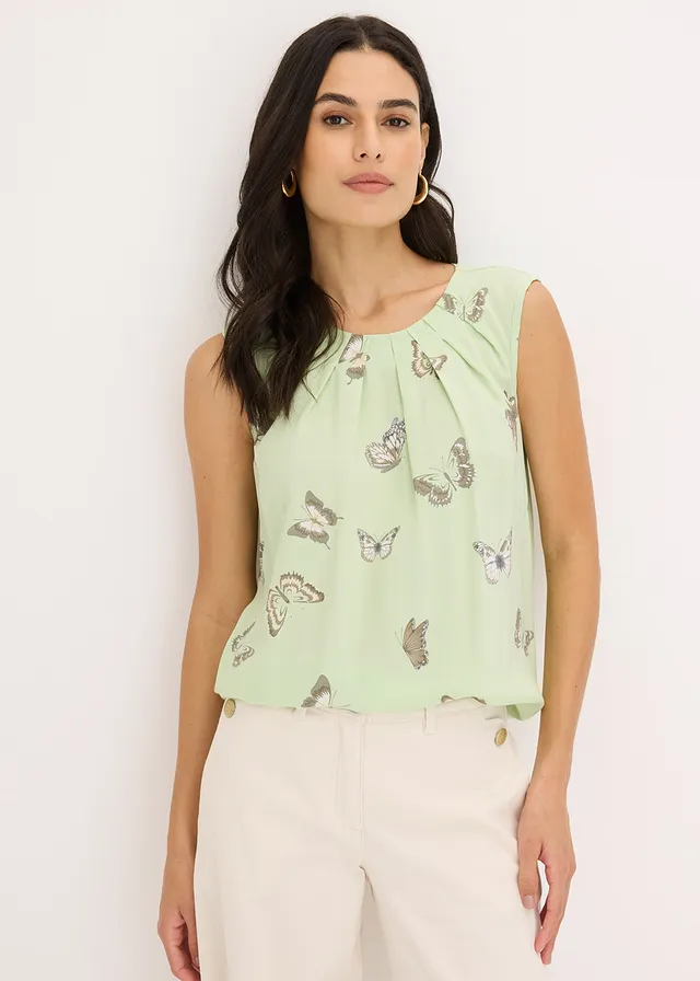 Blousetop van soepele viscose, Kleur: soft salie met print