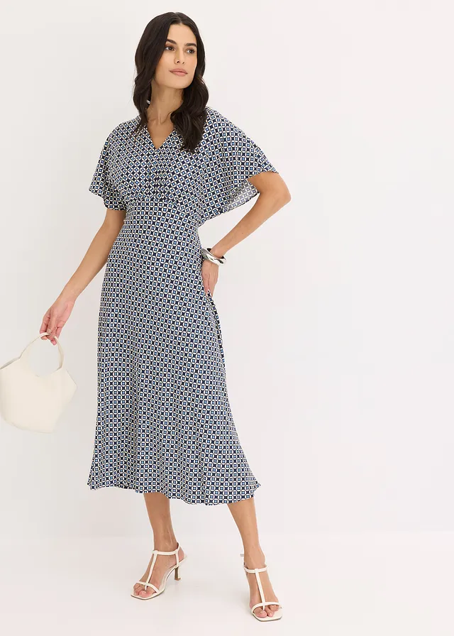Robe en viscose fluide, Couleur: beige naturel/bleu foncé/bleu moyen graphique