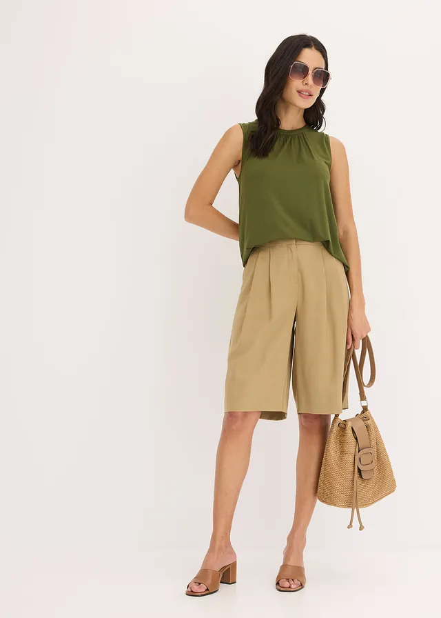 Jersey blousetop, Kleur: donkerkaki