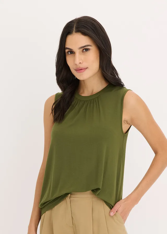 Blouse sans manches en jersey, Couleur: kaki foncé