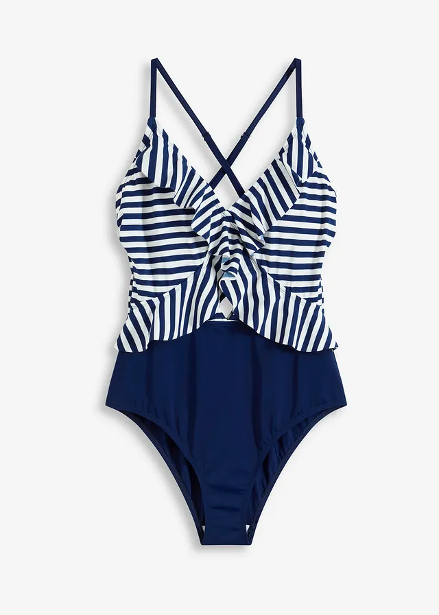 Badpak met volant • middernachtblauw/wit gestreept • bonprix online shop