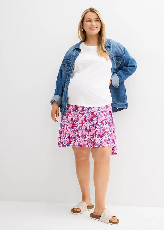 2-in-1 jersey zwangerschapsbroekrok, Kleur: fuchsiapink gebloemd