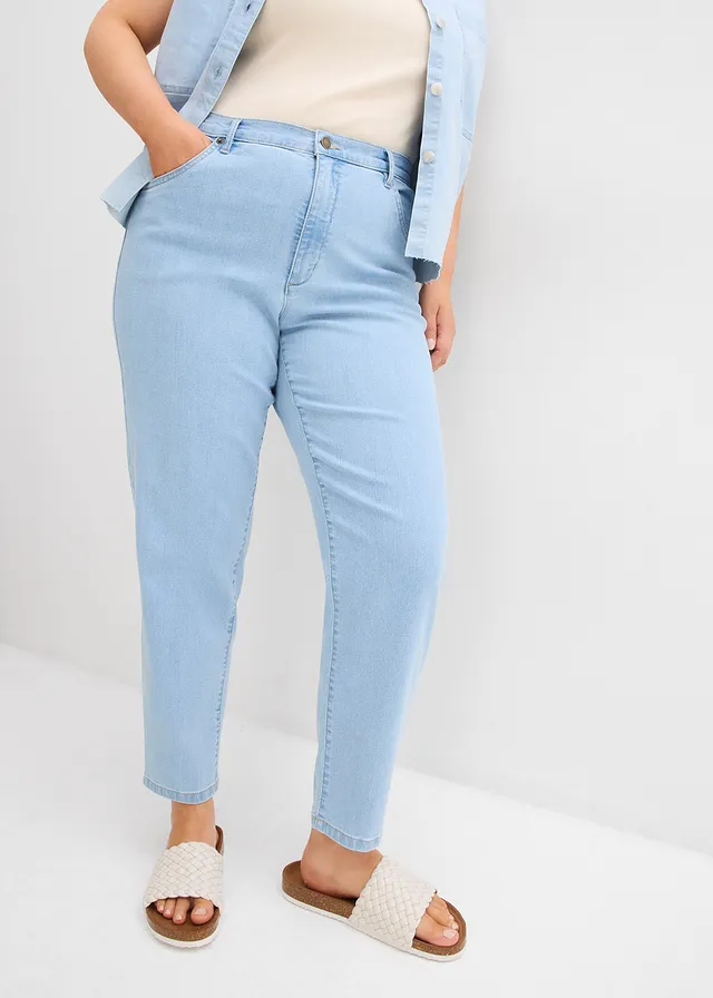 Jean mom taille haute, extensible, Couleur: bleu glacier denim used
