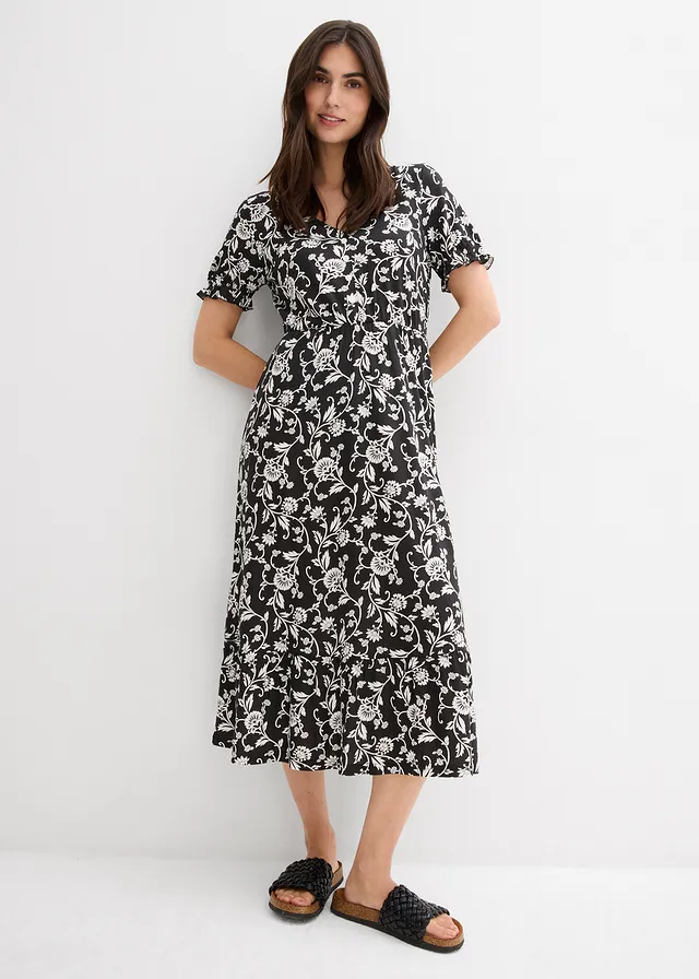 Robe fluide en jersey viscose, Couleur: noir/écru floral