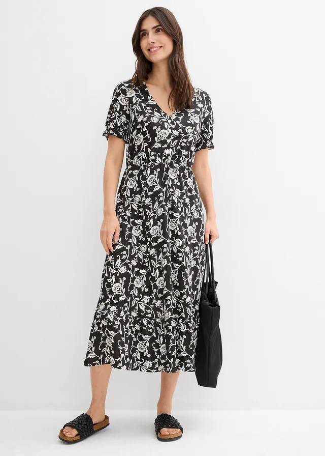 Robe fluide en jersey viscose, Couleur: noir/écru floral