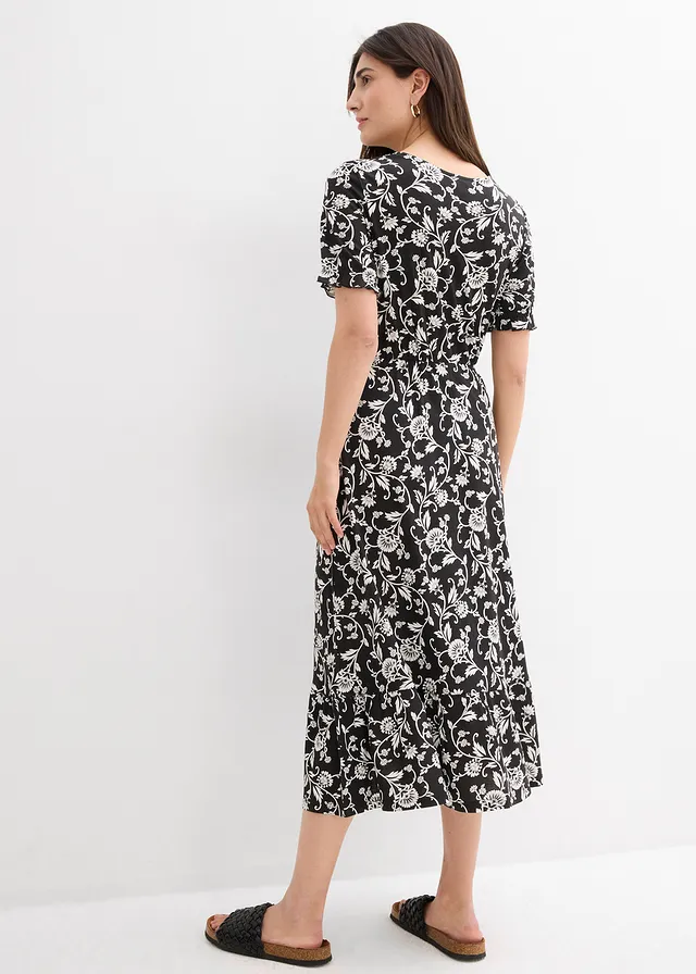 Robe fluide en jersey viscose, Couleur: noir/écru floral