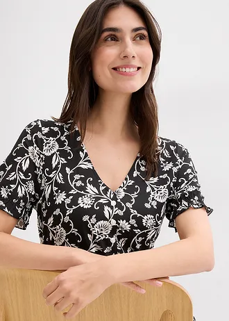 Sukienka z dżerseju z lejącej wiskozy • czarny - biel wełny w kwiaty • sklep bonprix