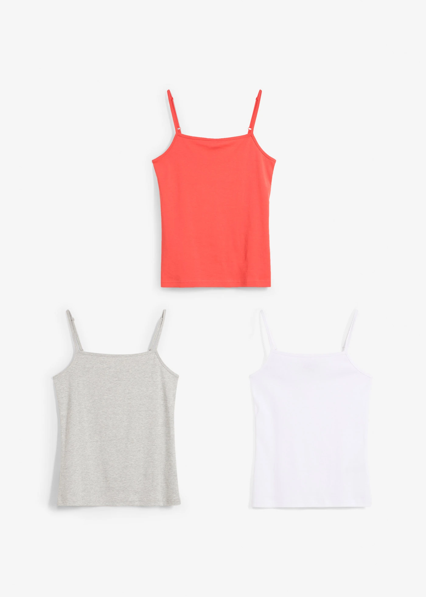 Top se špagetovými ramínky, s organickou bavlnou (3 ks v balení) • humrová + bílá + světle šedý melír • bonprix obchod