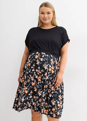 Těhotenské a kojící šaty 2 v 1, s kapsami, barva: černo-terakotová s květy
