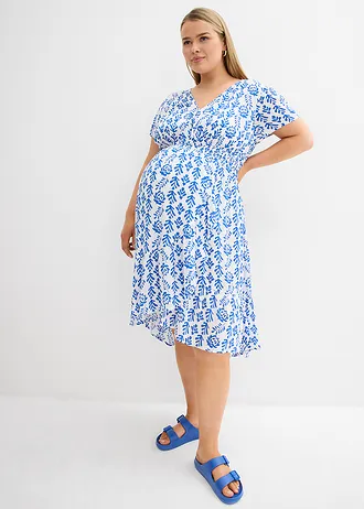 Těhotenské a kojicí šaty 2 v 1, ze splývavé viskózy, barva: bílo-arktická modrá s potiskem
