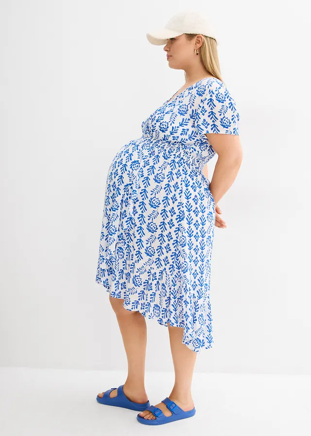 2-in-1 zwangerschaps- en borstvoedingsjurk van vloeiende viscose, Kleur: wit-Arctisch blauw gedessineerd