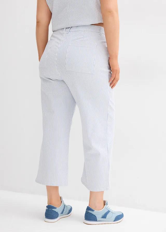 Jean large taille haute, cropped, Couleur: blanc rayé