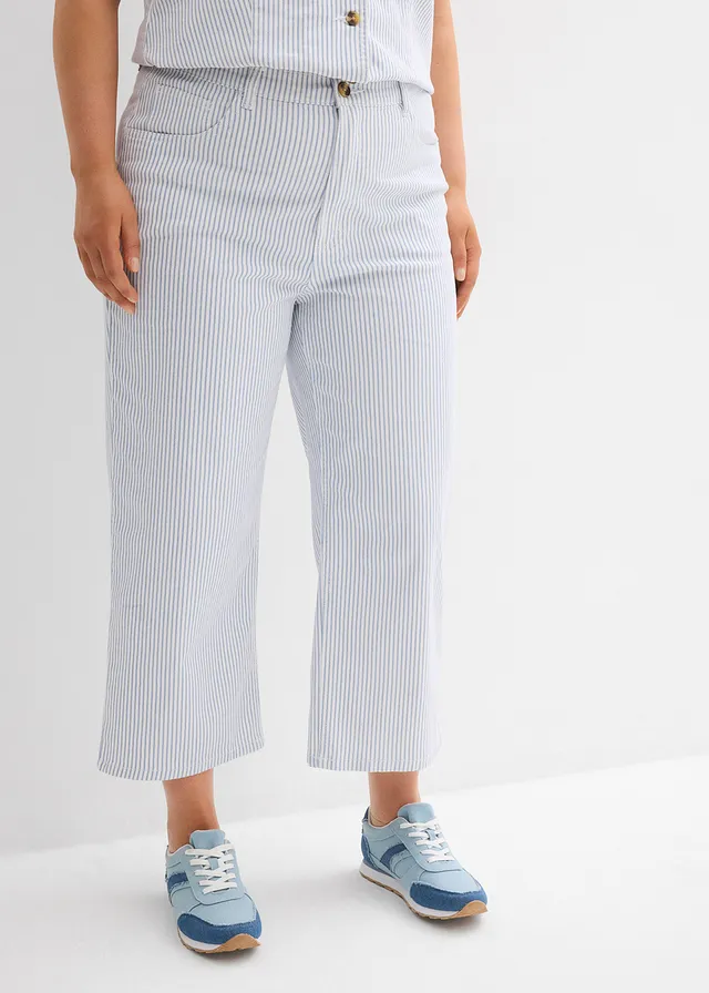 Jean large taille haute, cropped, Couleur: blanc rayé