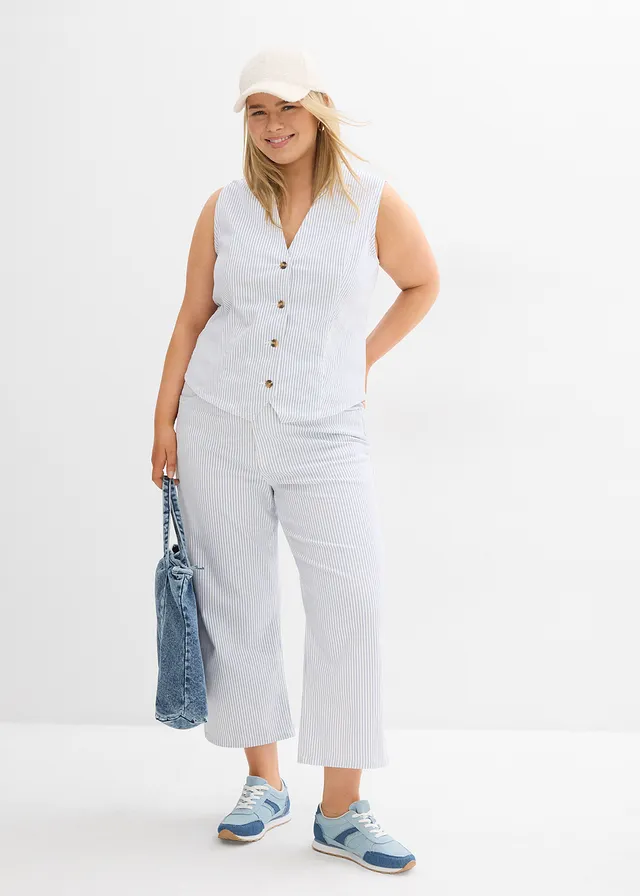 Wide leg jeans high waist, cropped, Kleur: wit gestreept