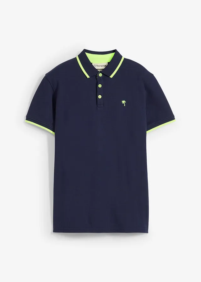 Piqué poloshirt van katoen, Kleur: donkerblauw-neongeel