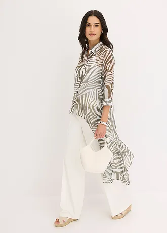 Lange chiffon blouse, Kleur: zebraprint naturel/donkerolijfgroen