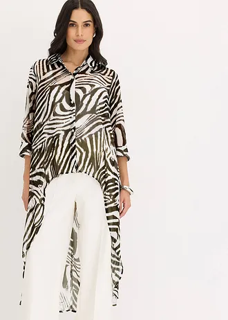 Lange chiffon blouse, Kleur: zebraprint naturel/donkerolijfgroen