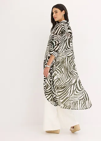 Lange chiffon blouse, Kleur: zebraprint naturel/donkerolijfgroen