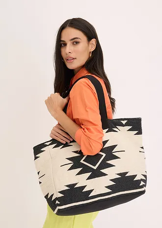 Płócienna torba shopper • beżowo-czarny w graficzny wzór • sklep bonprix