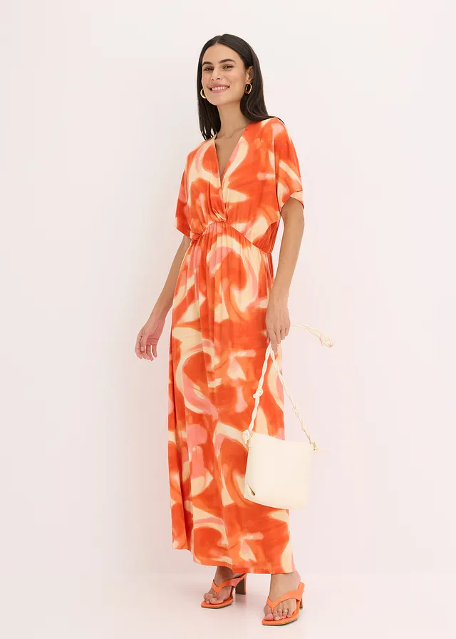 Robe longue à imprimé batik, en viscose douce et extensible, Couleur: orange imprimé
