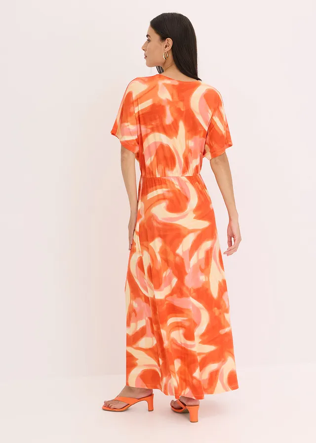 Maxi jurk met batikprint in een zachte viscosemix, Kleur: oranje gedessineerd