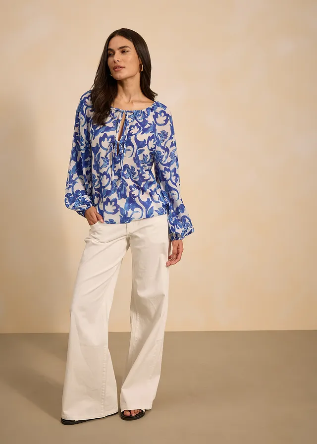 Blouse-tunique imprimée, Couleur: blanc/bleu floral