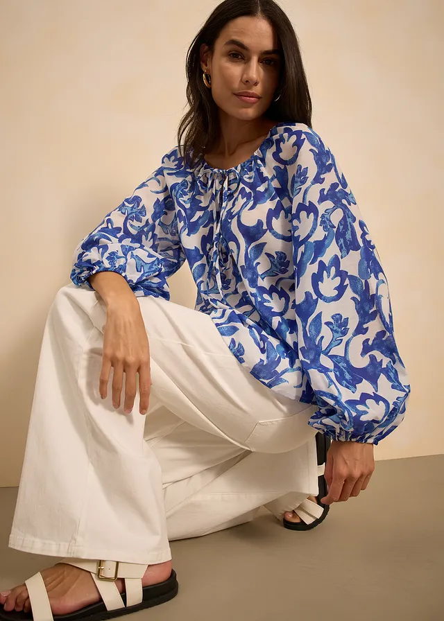 Gedessineerde tuniek • wit-blauw gebloemd • product-page.page-title-suffix