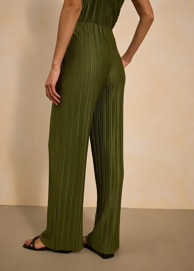 Jersey broek met plissé, Kleur: donkerkaki