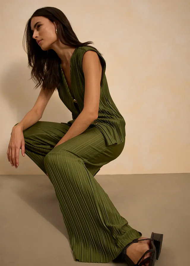 Jersey broek met plissé • donkerkaki • product-page.page-title-suffix