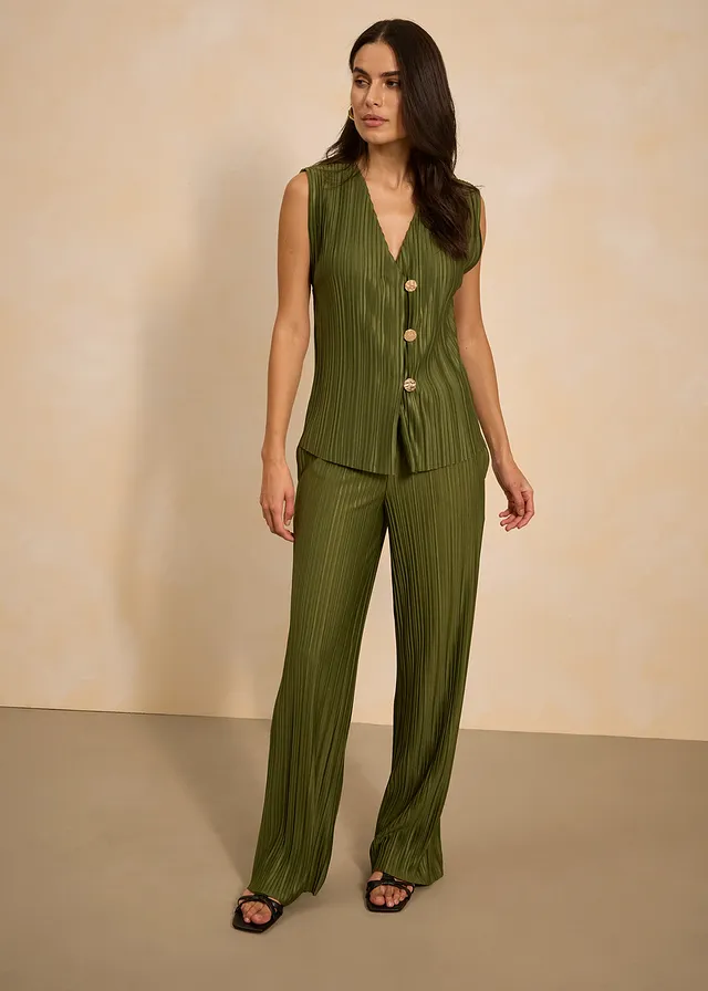 Pantalon en jersey plissé, Couleur: kaki foncé