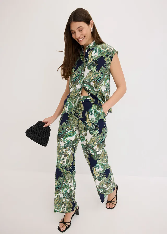 Gedessineerde blouse van soepele viscose, Kleur: donkerblauw-wit-lichtgroen paisley